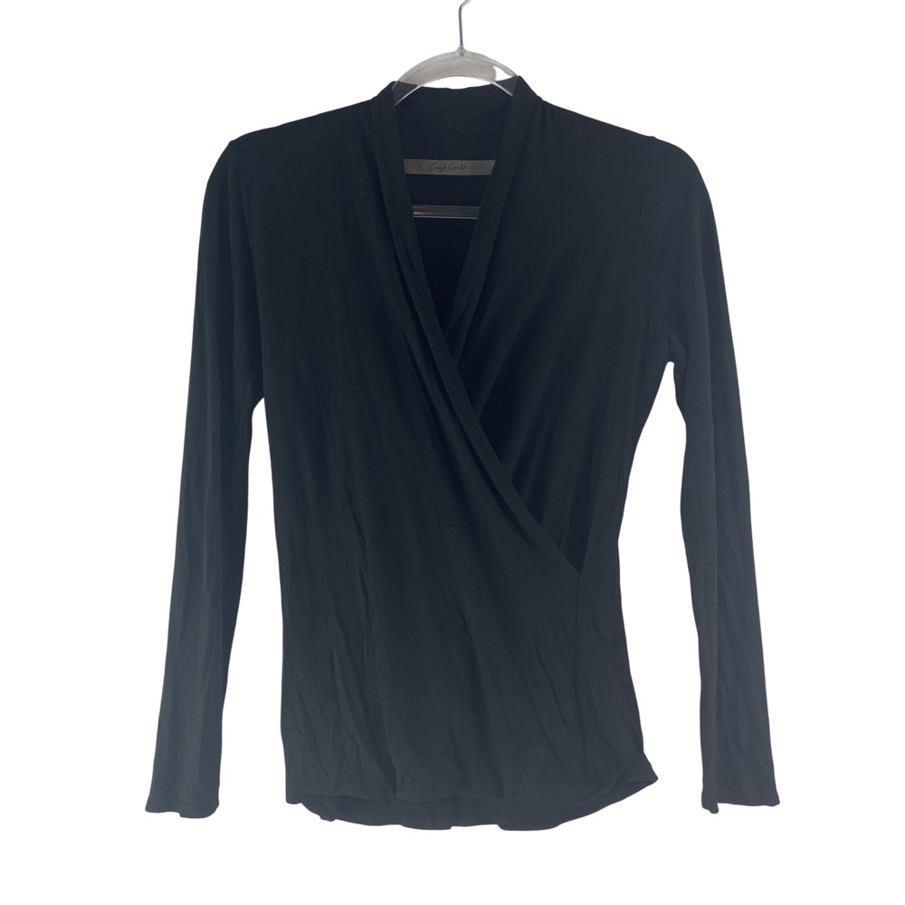 Enza Costa Faux Wrap Long Sleeve Top Womens Small Black Surplice V-Neck Jersey